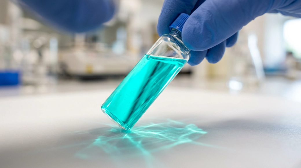 The image features a close-up of a glass vial filled with an electric turquoise liquid, held at an angle by gloved fingertips. The vibrant color casts a striking teal pattern on the white surface below, showcasing the light's interaction with the liquid while the blue nitrile glove adds a touch of modern scientific context.