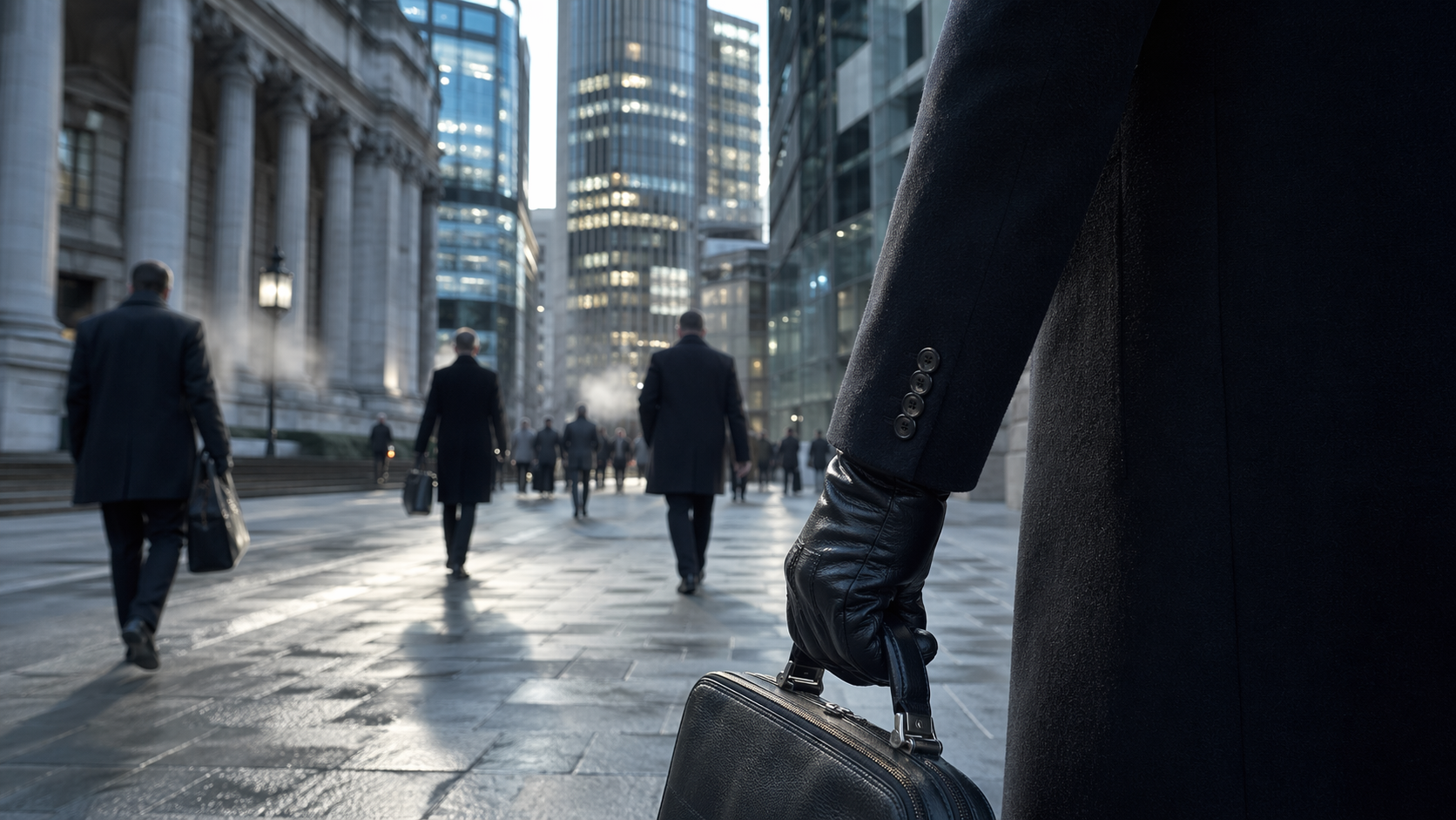 The image depicts a group of businessmen walking through a modern urban environment, with tall glass buildings and a reflective pavement. One man stands in the foreground holding a briefcase, while others are seen walking in the background, suggesting a busy business district.
