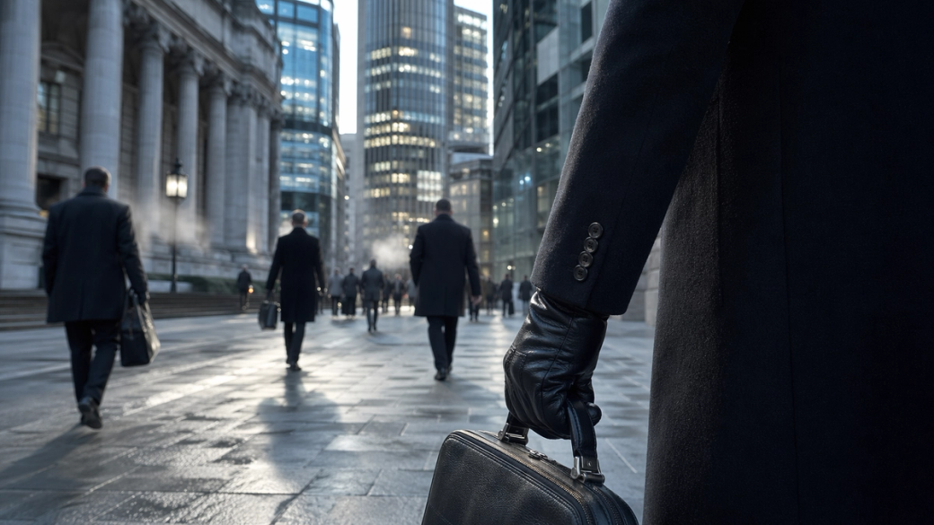 The image depicts a group of businessmen walking through a modern urban environment, with tall glass buildings and a reflective pavement. One man stands in the foreground holding a briefcase, while others are seen walking in the background, suggesting a busy business district.
