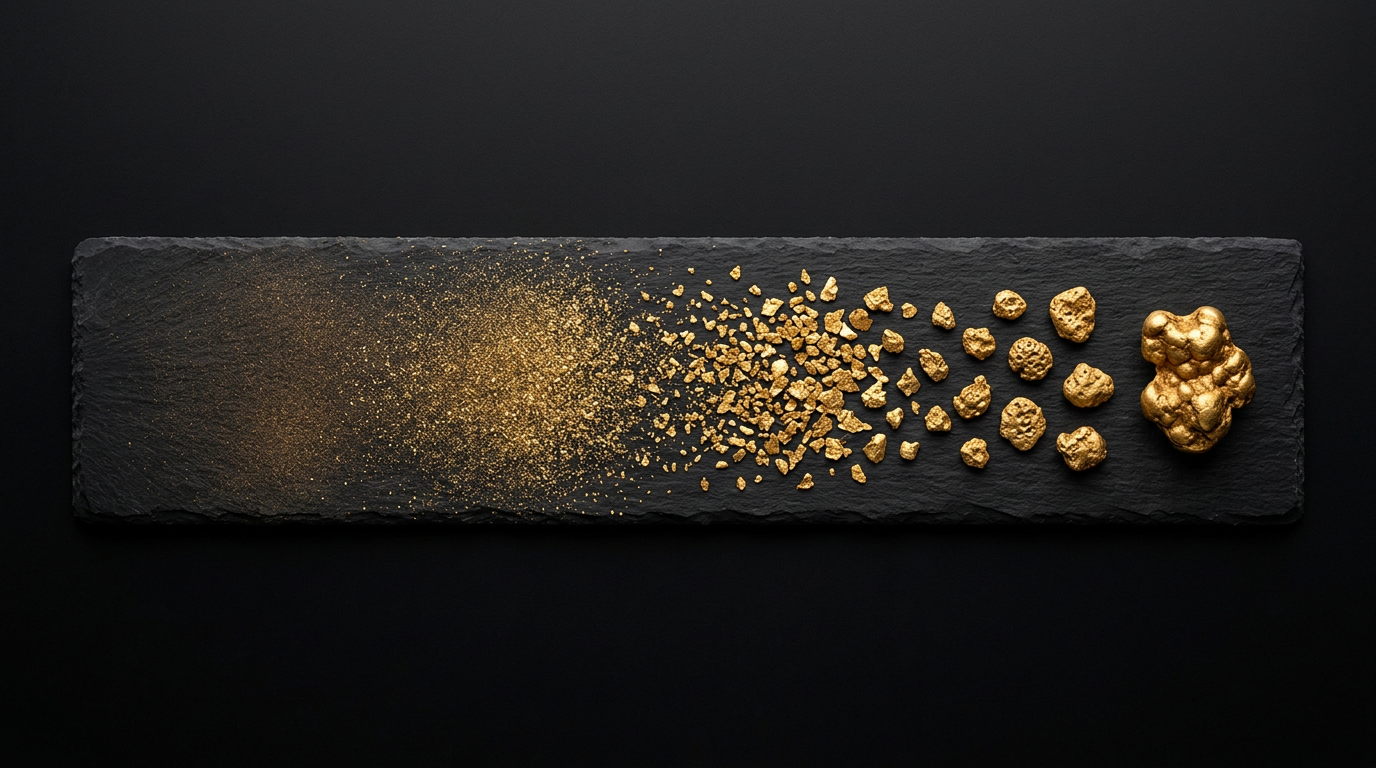 The image features a horizontal matte black slate display showcasing a gradient of natural gold particles and nuggets. Starting with fine gold dust on the left, the display progresses to coarse flakes and finally to larger, irregular nuggets on the right, all against a seamless black background that highlights the textures and colors of the gold.