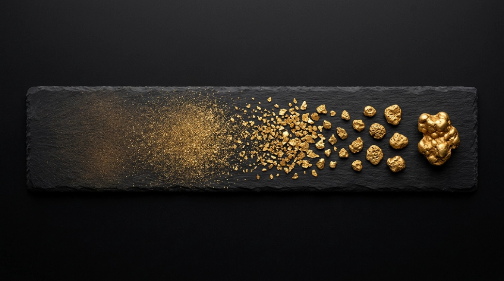 The image features a horizontal matte black slate display showcasing a gradient of natural gold particles and nuggets. Starting with fine gold dust on the left, the display progresses to coarse flakes and finally to larger, irregular nuggets on the right, all against a seamless black background that highlights the textures and colors of the gold.