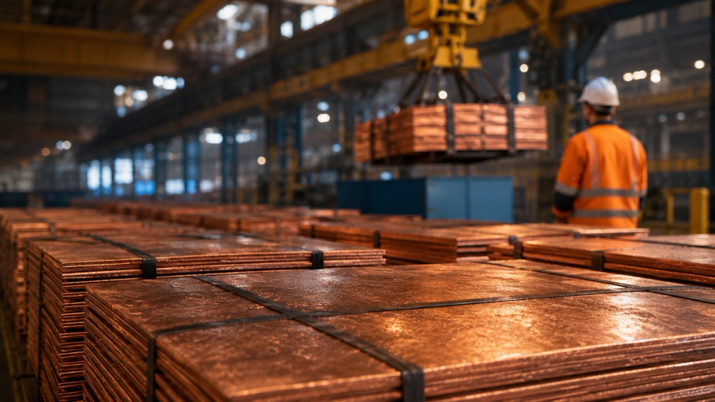 The image features a warehouse setting where large stacks of copper sheets are organized and stored. A worker wearing safety gear oversees the area, indicating an active industrial environment focused on metal processing.