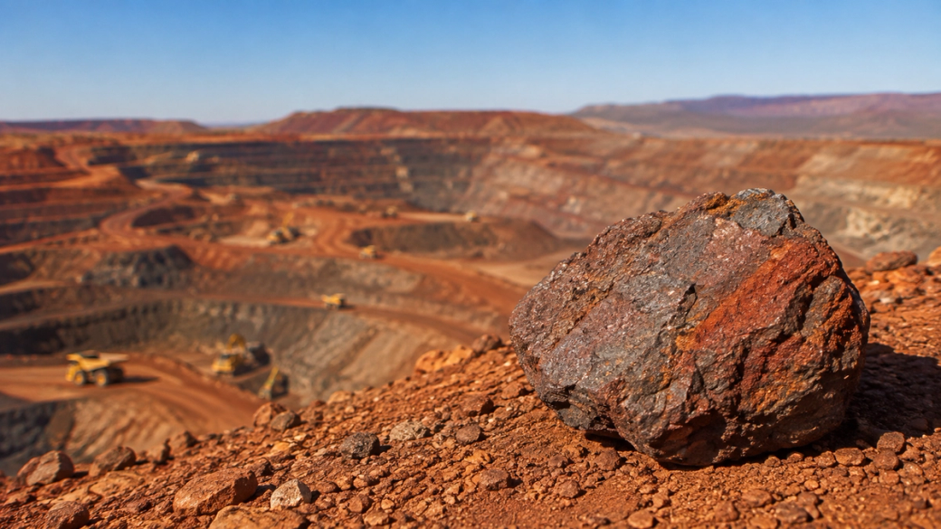 The image depicts a large rock in the foreground with a vast open-pit mining operation in the background. The landscape shows layers of earth removed from the mine, highlighting an industrial site in a remote area.