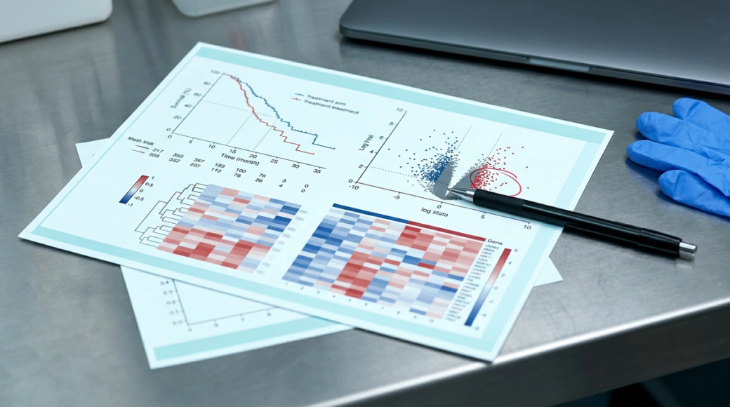 The image presents a close-up view of a printed data visualization document, prominently featuring a Kaplan-Meier survival curve, a volcano plot, and a heatmap grid of gene expression data. A black pen rests on the document, pointing towards a highlighted area on the volcano plot circled in red ink, while a discarded blue glove indicates the presence of laboratory work.