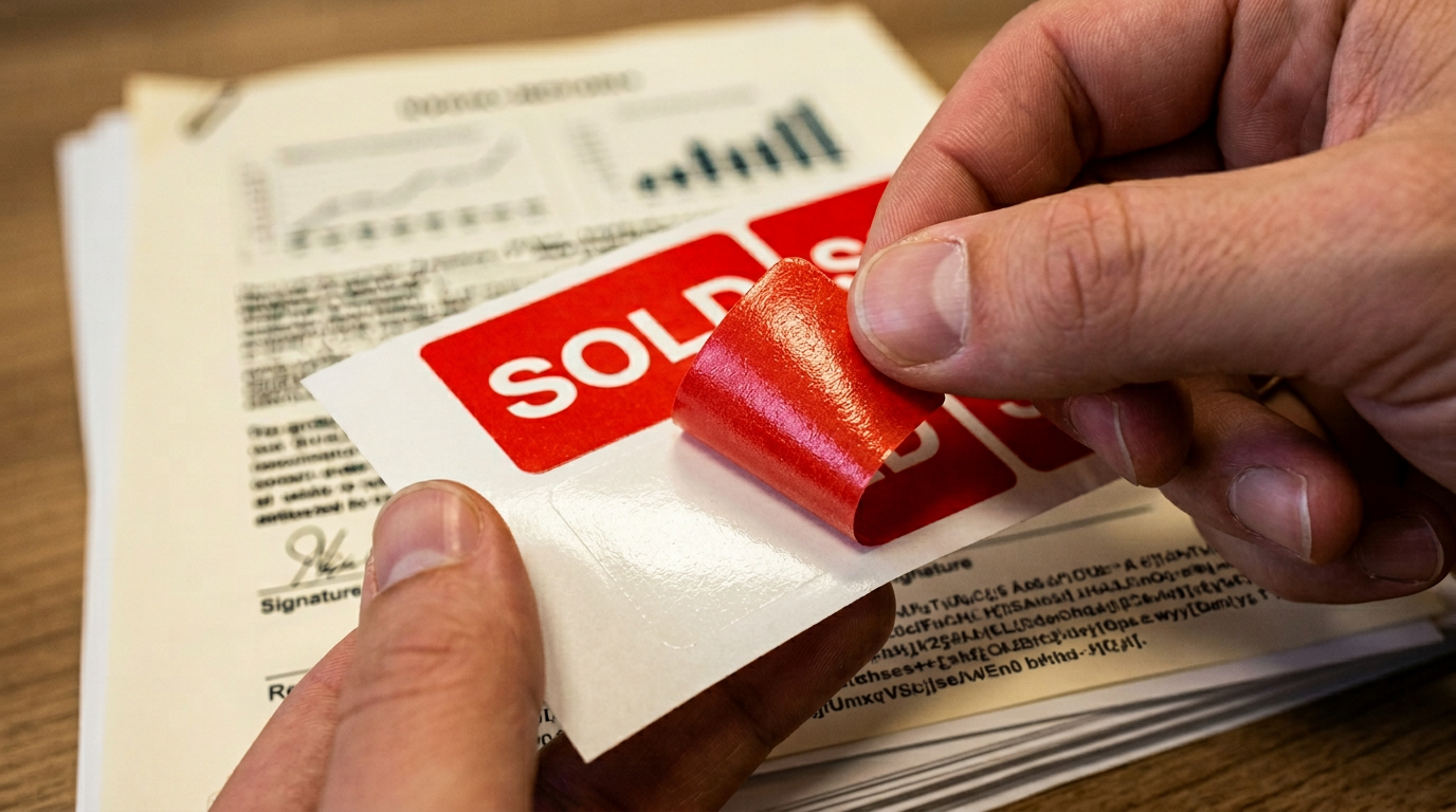 The image captures a close-up of a red SOLD sticker being removed from its backing sheet, with the adhesive side visible and reflecting the light. Below, a stack of printed documents showcases blurred text and signature lines, emphasizing the transaction's significance. The warm lighting accentuates the vibrant red of the sticker against the neutral tones of the paper and skin.