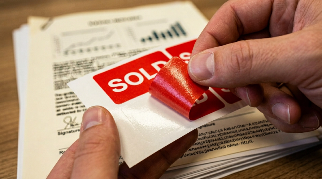 The image captures a close-up of a red SOLD sticker being removed from its backing sheet, with the adhesive side visible and reflecting the light. Below, a stack of printed documents showcases blurred text and signature lines, emphasizing the transaction's significance. The warm lighting accentuates the vibrant red of the sticker against the neutral tones of the paper and skin.