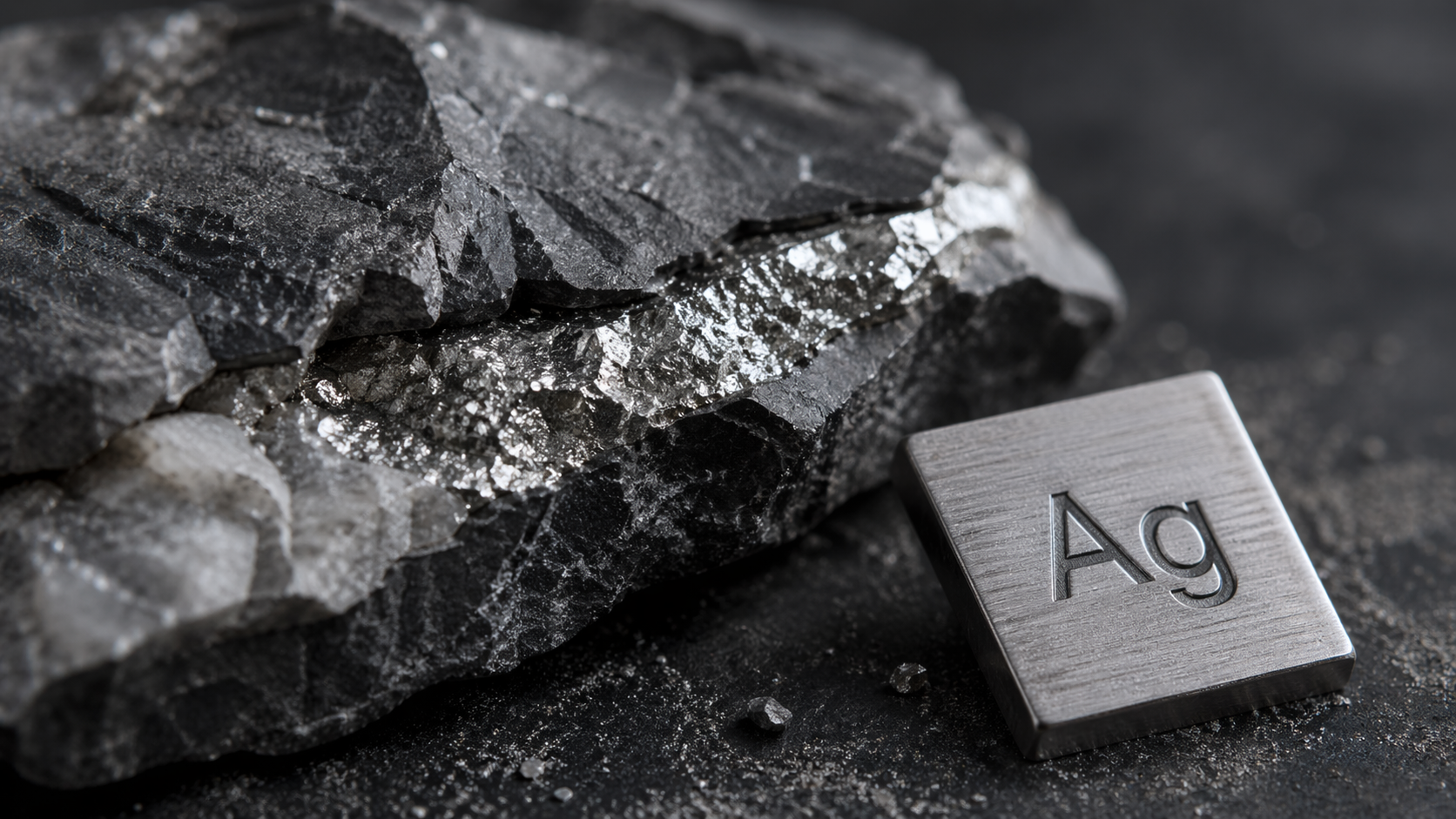 The image features a close-up of a mineral rock with metallic luster, alongside a small metal block stamped with the chemical symbol 'Ag', representing silver. The context suggests a focus on mineralogy or geology.