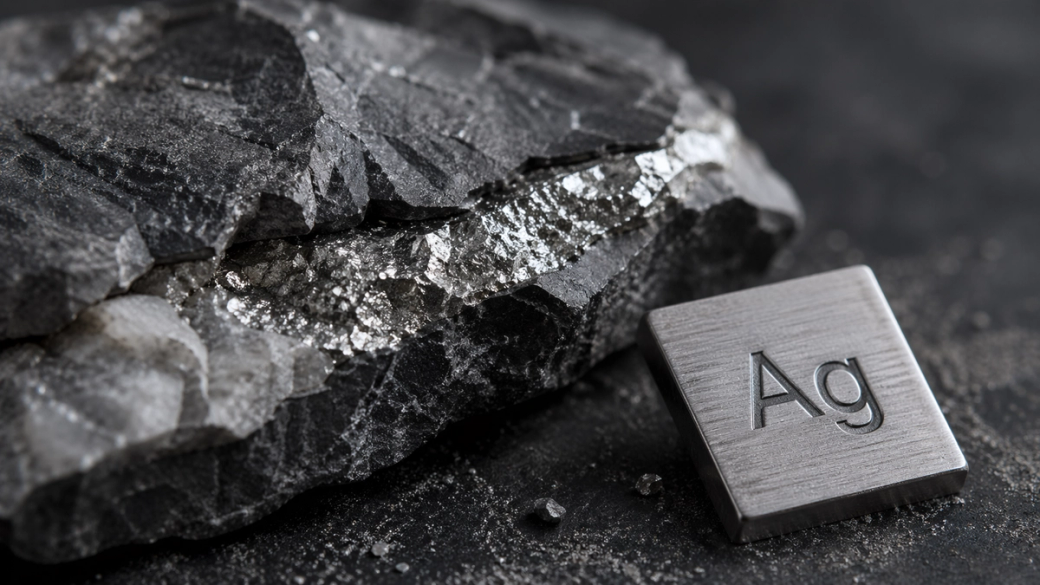 The image features a close-up of a mineral rock with metallic luster, alongside a small metal block stamped with the chemical symbol 'Ag', representing silver. The context suggests a focus on mineralogy or geology.