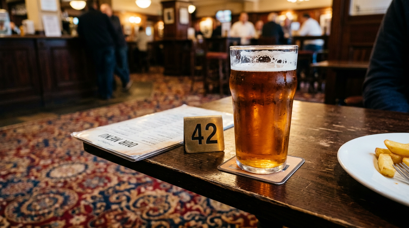 The image depicts a pint of amber ale, clear and glowing under warm light, resting on a dark wooden table alongside a menu and a table marker labeled '42'. The busy-patterned carpet of a British chain pub can be seen in the background, contributing to the pub's inviting atmosphere, with a plate of chips visible at the edge.