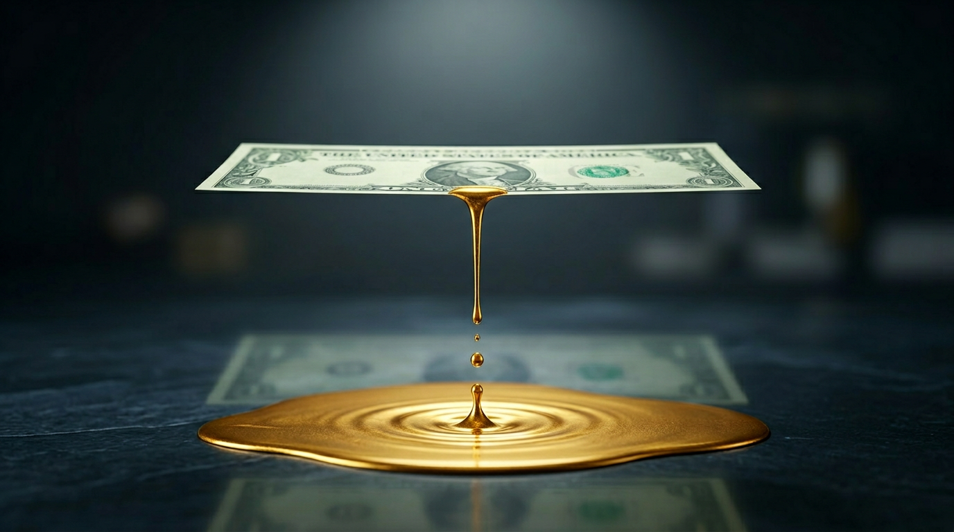 The image depicts a single US dollar bill suspended in mid-air, with a steady drip of gold liquid falling from its center. Below, a pool of gold forms on a dark surface, reflecting the vibrant hues of the gold and the pale green of the dollar, suggesting themes of conversion and passive income.