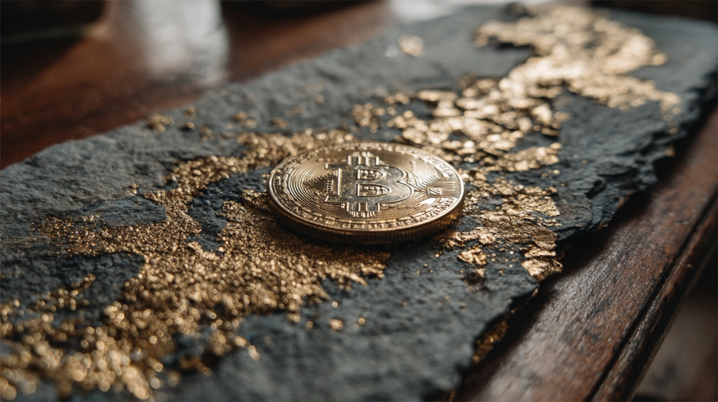 The image features a close-up of a physical Bitcoin placed on a textured slate surface, adorned with gold-like flecks. The contrasting elements of the dark slate and the shiny Bitcoin create a striking visual composition.