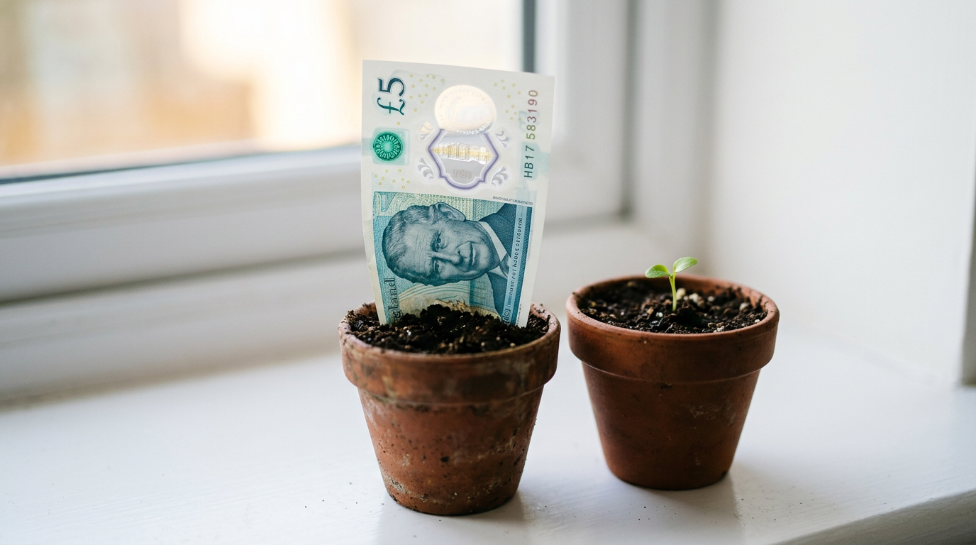 The image features a polymer five-pound note upright in a small terracotta pot filled with dark compost, alongside another pot that contains a small green shoot. The transparent window of the banknote catches light, creating a striking visual contrast with the warm tones of the terracotta and the soil, while the overall composition suggests themes of investment and growth.