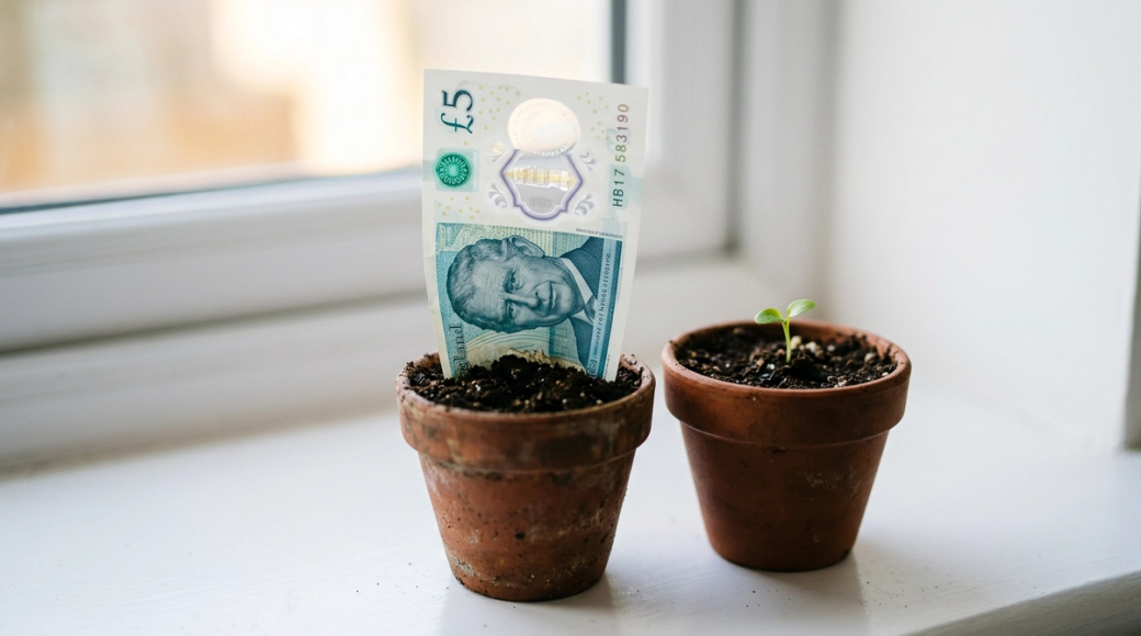 The image features a polymer five-pound note upright in a small terracotta pot filled with dark compost, alongside another pot that contains a small green shoot. The transparent window of the banknote catches light, creating a striking visual contrast with the warm tones of the terracotta and the soil, while the overall composition suggests themes of investment and growth.