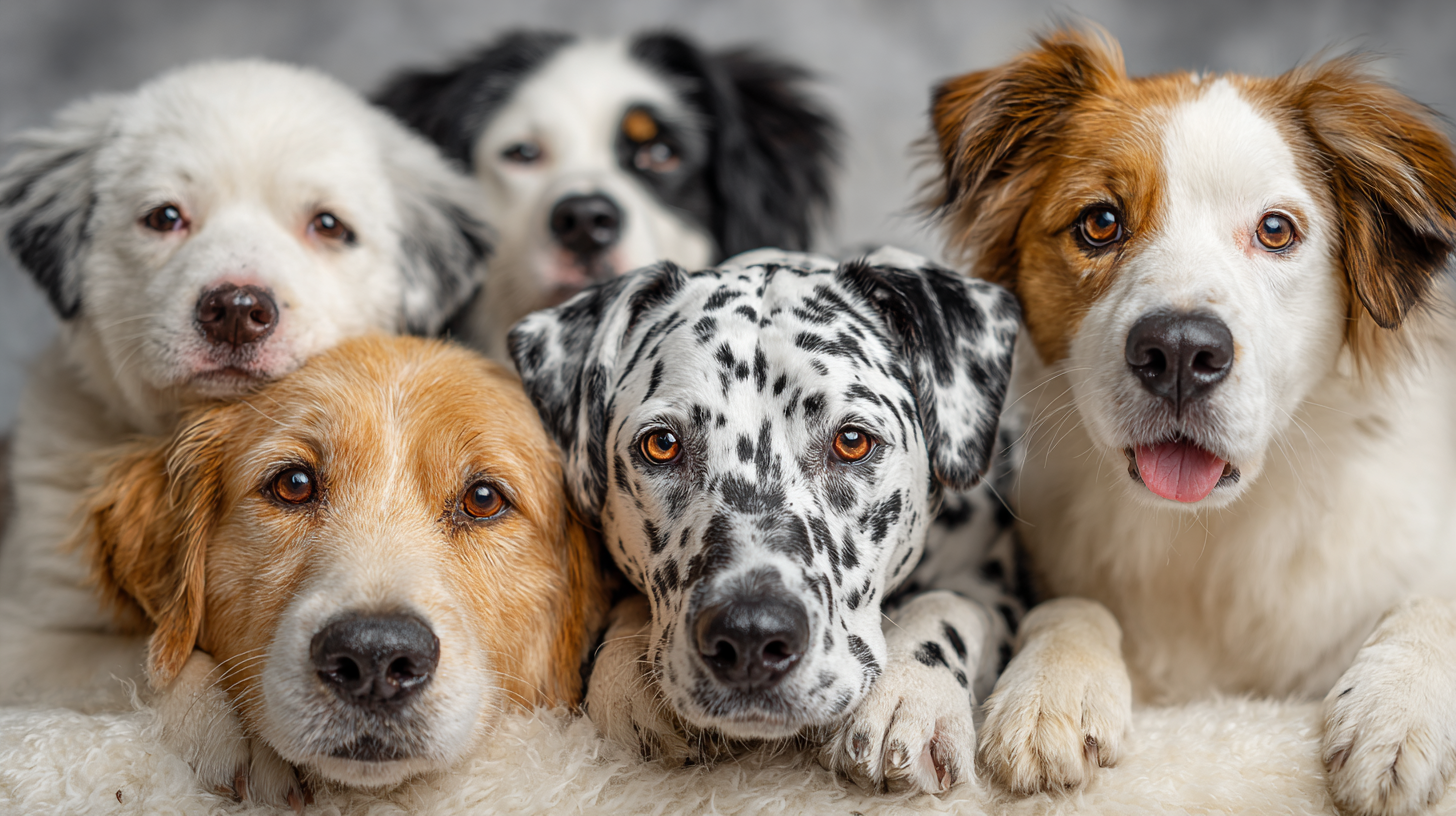 A group of five dogs of various breeds, including a Dalmatian and a Golden Retriever, are positioned closely together. Their fur colors and expressions showcase a variety of personalities, contributing to a warm and inviting scene.