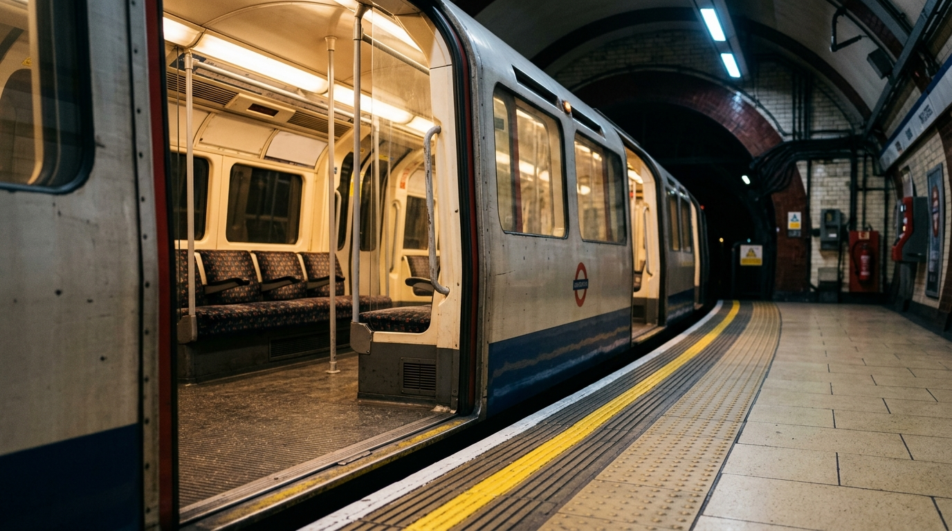 The image captures a stationary London Underground train carriage viewed from the platform edge, with the doors open to reveal the inviting, warm interior. The setting emphasizes the rich textures of the upholstery and the soft glow of tungsten light, contrasted against the iconic tunnel mouth and tiled walls of the Underground station.