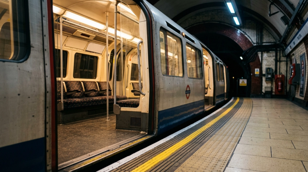 The image captures a stationary London Underground train carriage viewed from the platform edge, with the doors open to reveal the inviting, warm interior. The setting emphasizes the rich textures of the upholstery and the soft glow of tungsten light, contrasted against the iconic tunnel mouth and tiled walls of the Underground station.