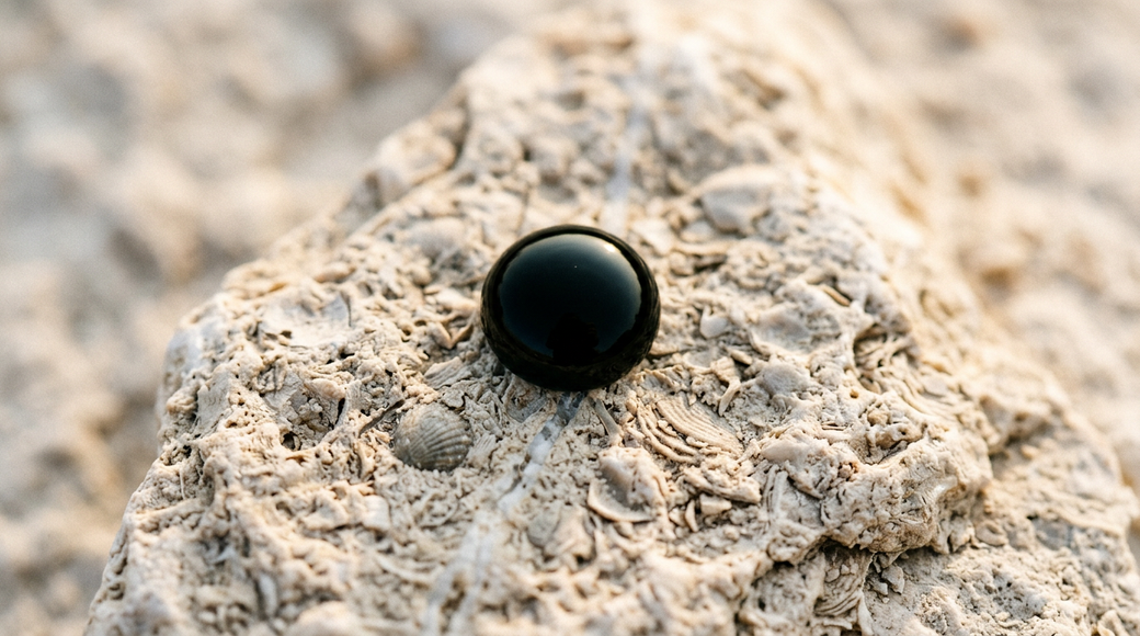 The image captures a single drop of crude oil, dark and spherical, resting on a pale limestone surface. The fossil texture of the rock is clearly visible, showcasing ancient shell impressions and calcite veins, evoking the historical connection between oil and its geological source.