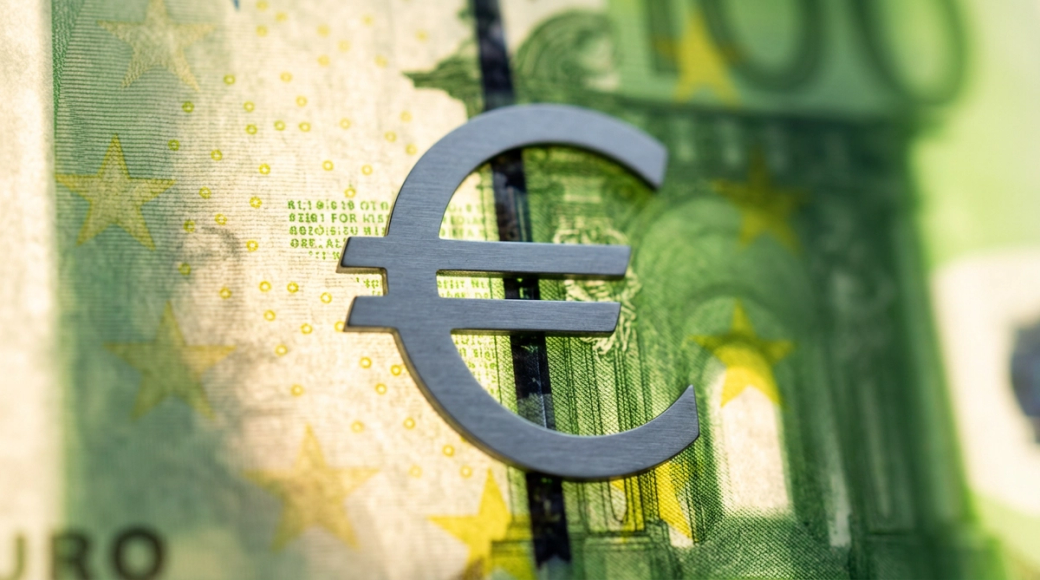 The image features a close-up of a glowing one-hundred euro note held against strong backlighting, causing the paper to appear translucent. A die-cut stainless steel euro symbol is placed over the note, creating a striking contrast between the organic texture of the paper and the industrial edges of the symbol, while highlighting various security features of the banknote.