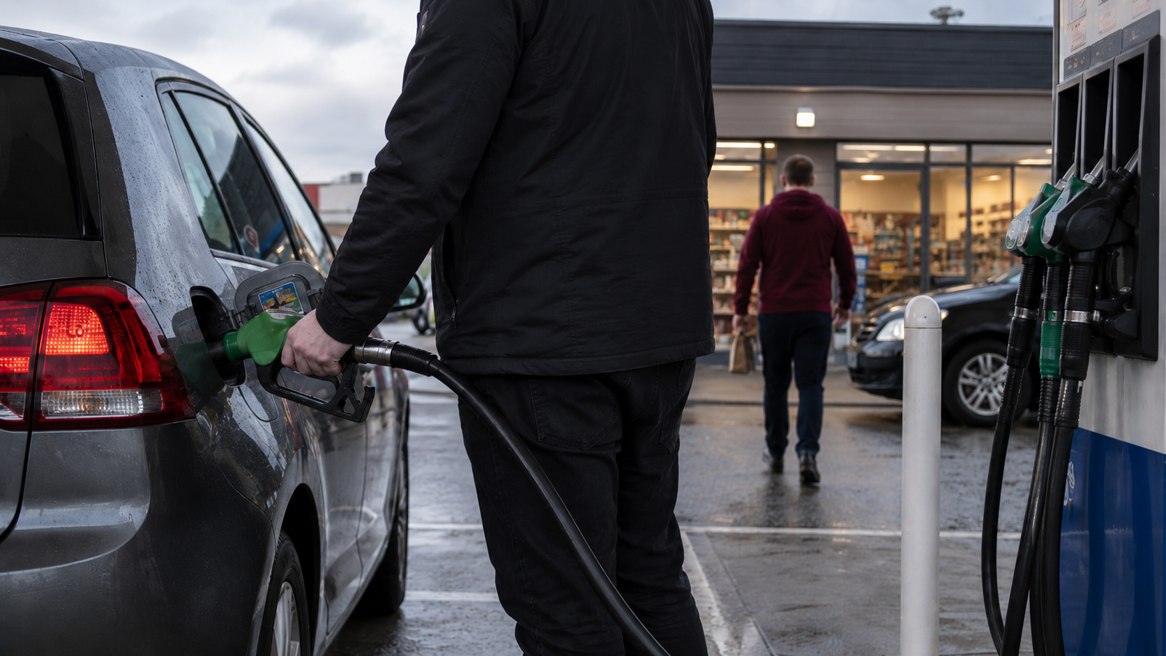 An individual is refueling a vehicle at a gas station, while another person walks in the background. The gas station has a modern design with visible consumer options.