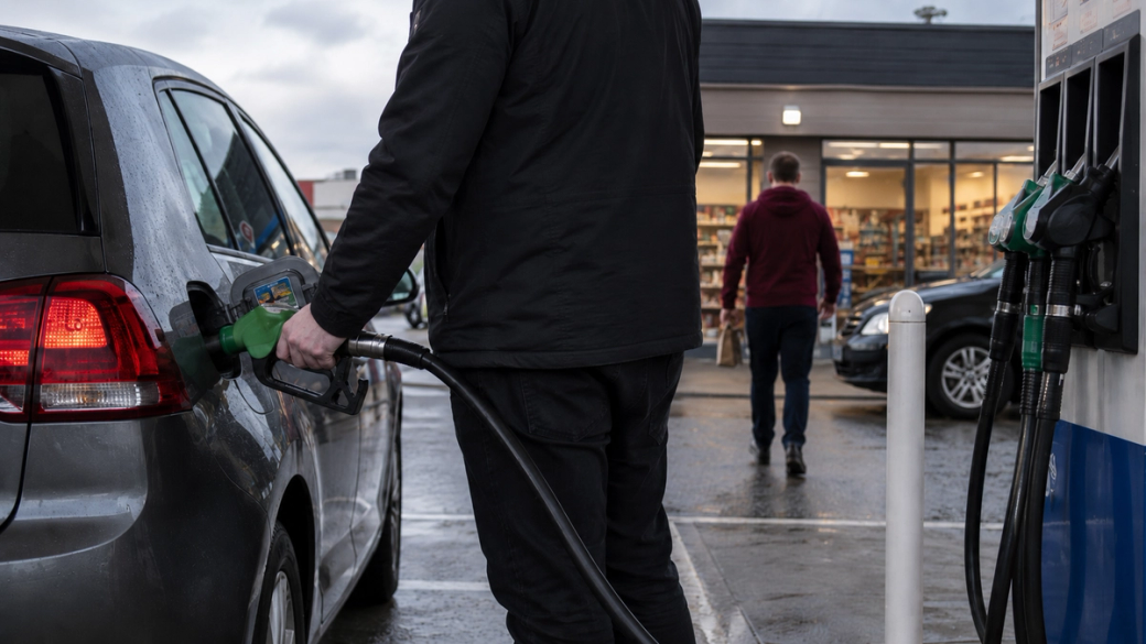 An individual is refueling a vehicle at a gas station, while another person walks in the background. The gas station has a modern design with visible consumer options.
