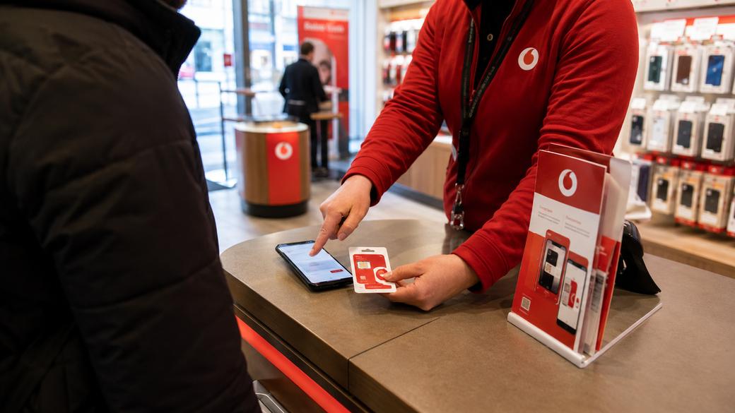 A customer is interacting with a sales representative at a Vodafone store. The sales representative points to a tablet while the customer holds a SIM card, indicating a transaction related to mobile services.