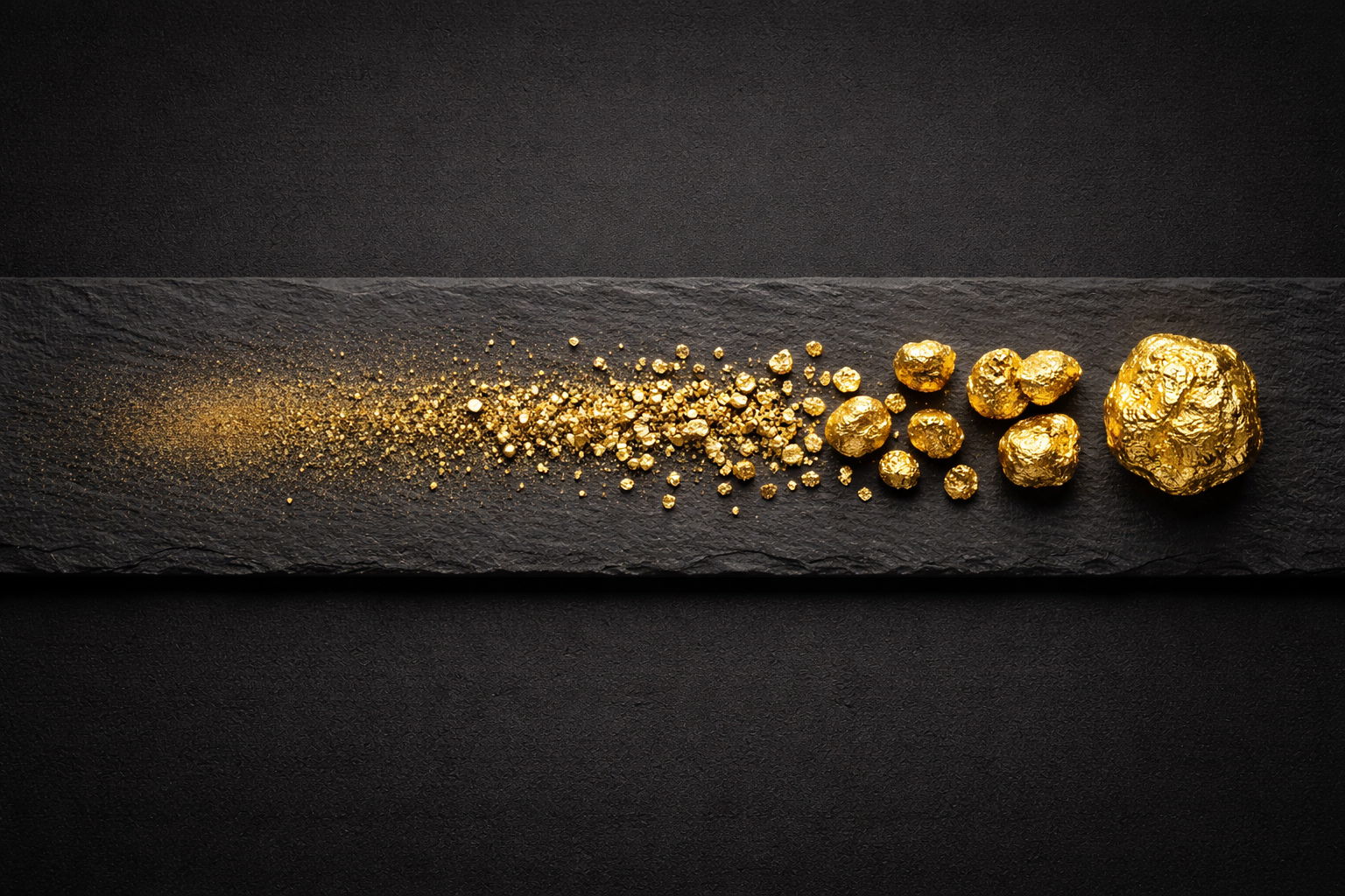 The image showcases a variety of gold nuggets and gold dust arranged on a dark slate surface. The composition highlights the different sizes and shapes of the gold, emphasizing its value and appeal.