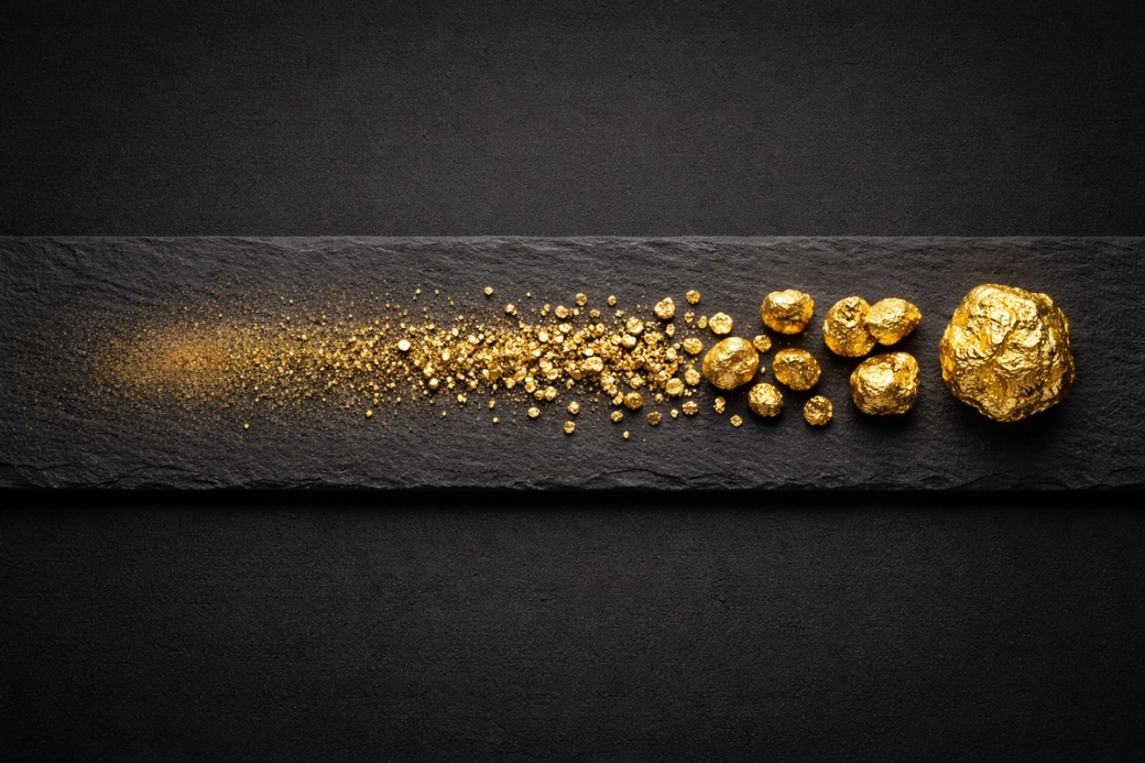 The image showcases a variety of gold nuggets and gold dust arranged on a dark slate surface. The composition highlights the different sizes and shapes of the gold, emphasizing its value and appeal.