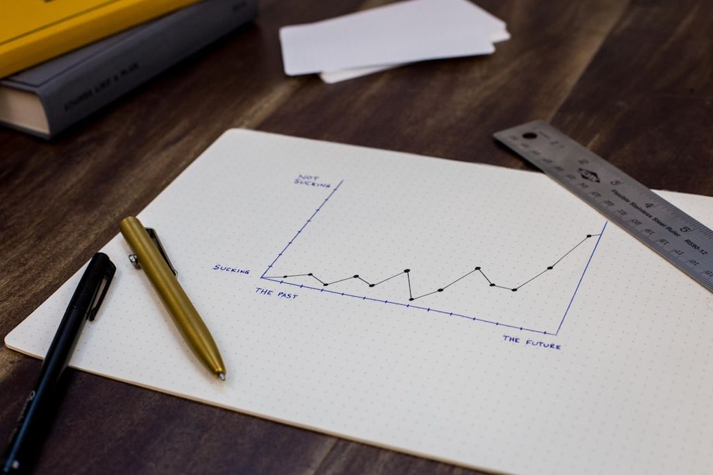 The image features a hand-drawn graph on a notebook page, depicting a trend line that ascends towards the right. Accompanying the graph are a golden pen, a ruler, and some index cards, placed on a wooden table. — Credit: Photo by Isaac Smith on Unsplash
