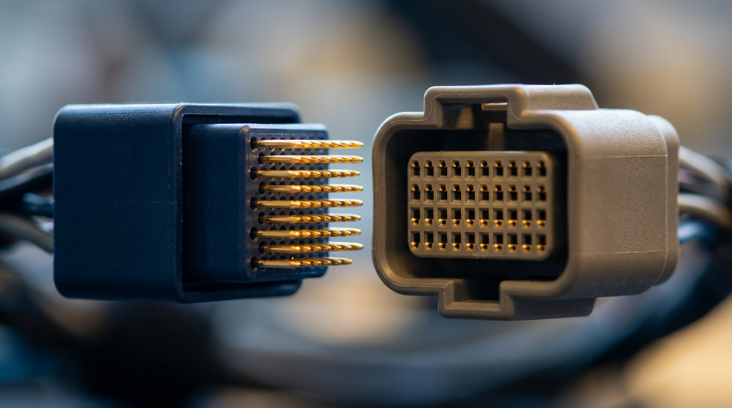 The image captures a close-up view of two electrical connectors, with a male multi-pin plug in dark blue gradually approaching a female socket in warm grey. The gold-plated pins on the male connector are aligned with the corresponding openings of the socket, highlighting the anticipatory moment of connection between distinct systems, under cool ambient lighting.