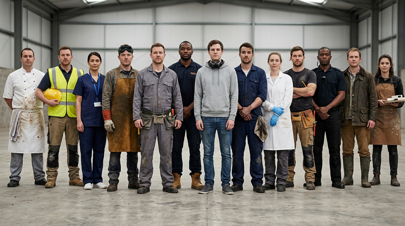 Workers, staff, recruitment, HR: The image features a diverse group of professionals standing shoulder to shoulder in a spacious warehouse, each dressed in authentic workwear representative of their respective trades. The lineup includes a chef, construction worker, nurse, welder, electrician, software developer, mechanic, lab technician, carpenter, security guard, and farmworker, all positioned in a relaxed manner, embodying the spirit of teamwork despite their varied backgrounds.
