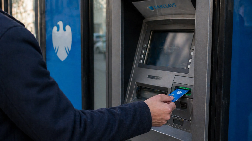 A person is using an ATM at a Barclays bank location. The machine is prominently displaying the Barclays logo, and the user is inserting a card into the slot.