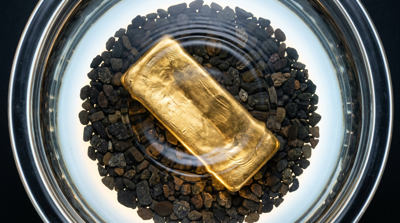 The image depicts a single gold bar resting on a bed of dark river gravel at the bottom of a clear glass vessel filled with water. Photographed from directly above, the bar appears softened and distorted by the water's refraction, surrounded by ripples suggesting recent disturbance while the lighting creates a warm glow emanating from the submerged gold.
