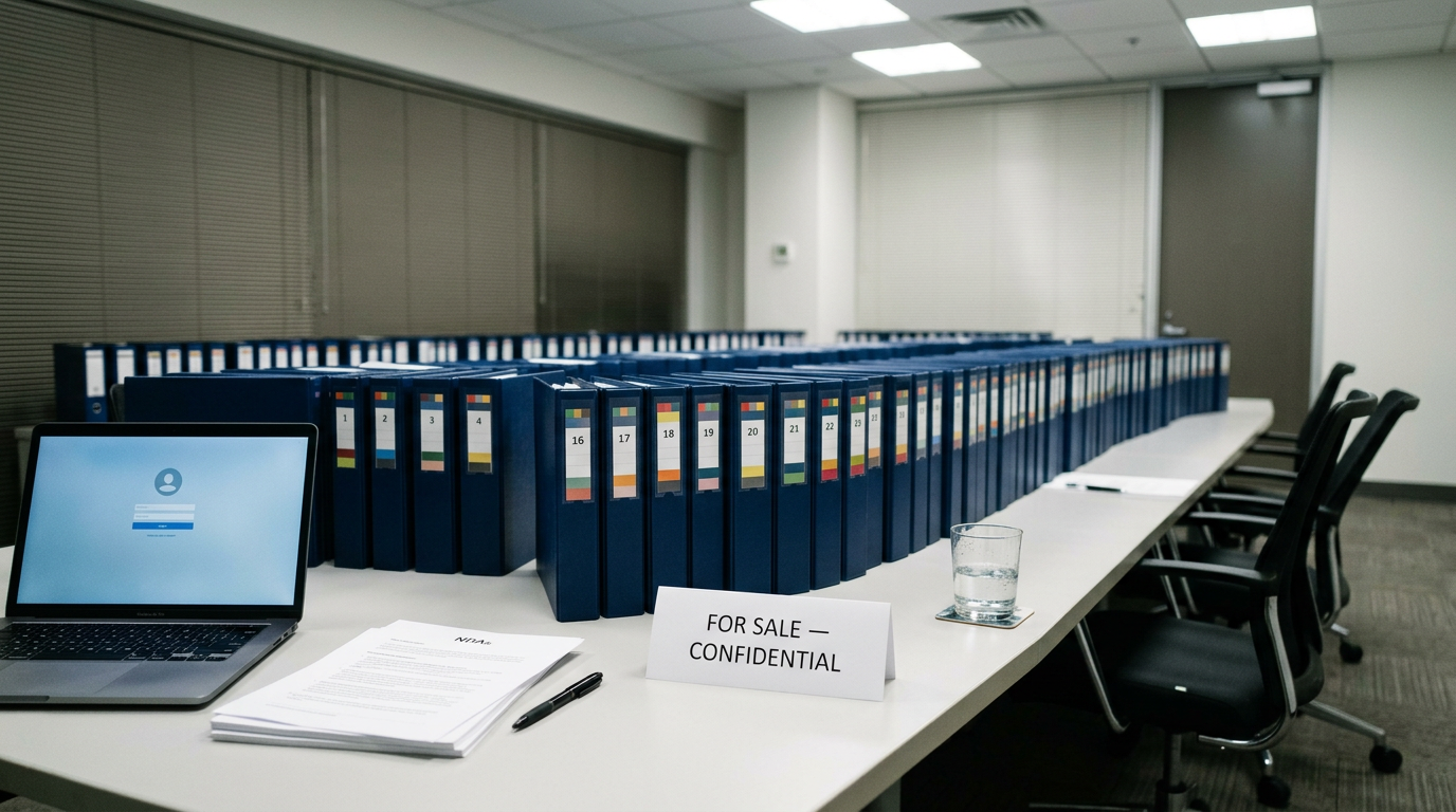 The image depicts a corporate conference room transformed into a data room for a business sale. The long table is lined with numbered binders, each with a color-coded tab system, and a laptop displaying a login screen sits at the head. A tent card reads 'FOR SALE — CONFIDENTIAL,' indicating a sealed-off environment for potential buyers to review documents.