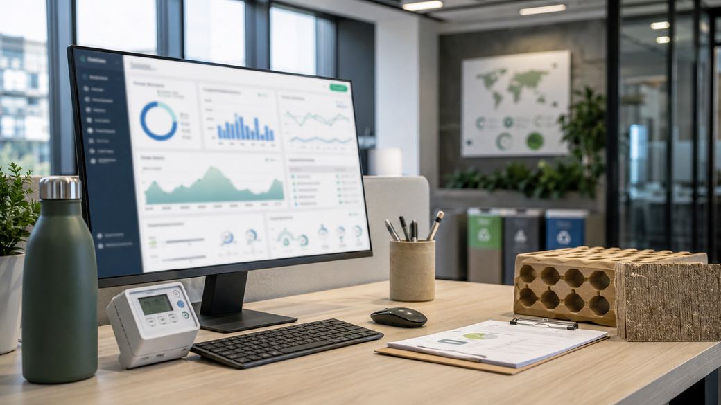 This image depicts a modern workspace featuring a computer monitor displaying analytical data. The desk includes a plant, a water bottle, and paperwork, reflecting a clean and organized office environment.