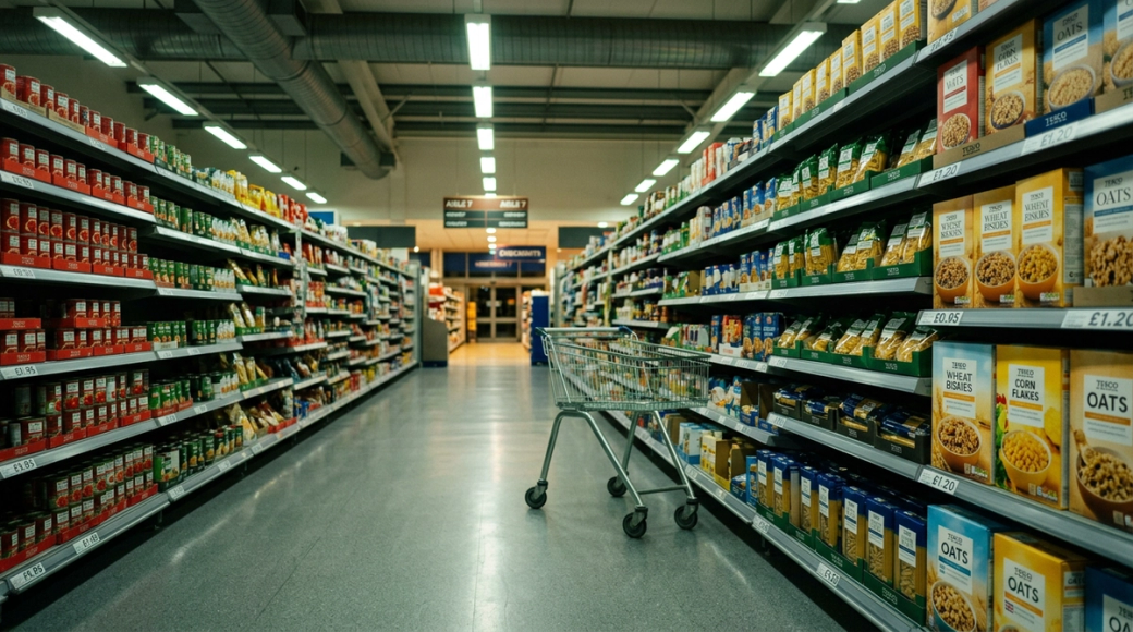 The image showcases a low-angle view of a Tesco supermarket aisle at dusk, featuring shelves stocked with various own-brand grocery items such as tinned tomatoes, cereal boxes, and pasta packets. The scene is illuminated by overhead fluorescent lighting, creating a subtly greenish hue on the polished grey vinyl floor, where an abandoned wire trolley rests diagonally.