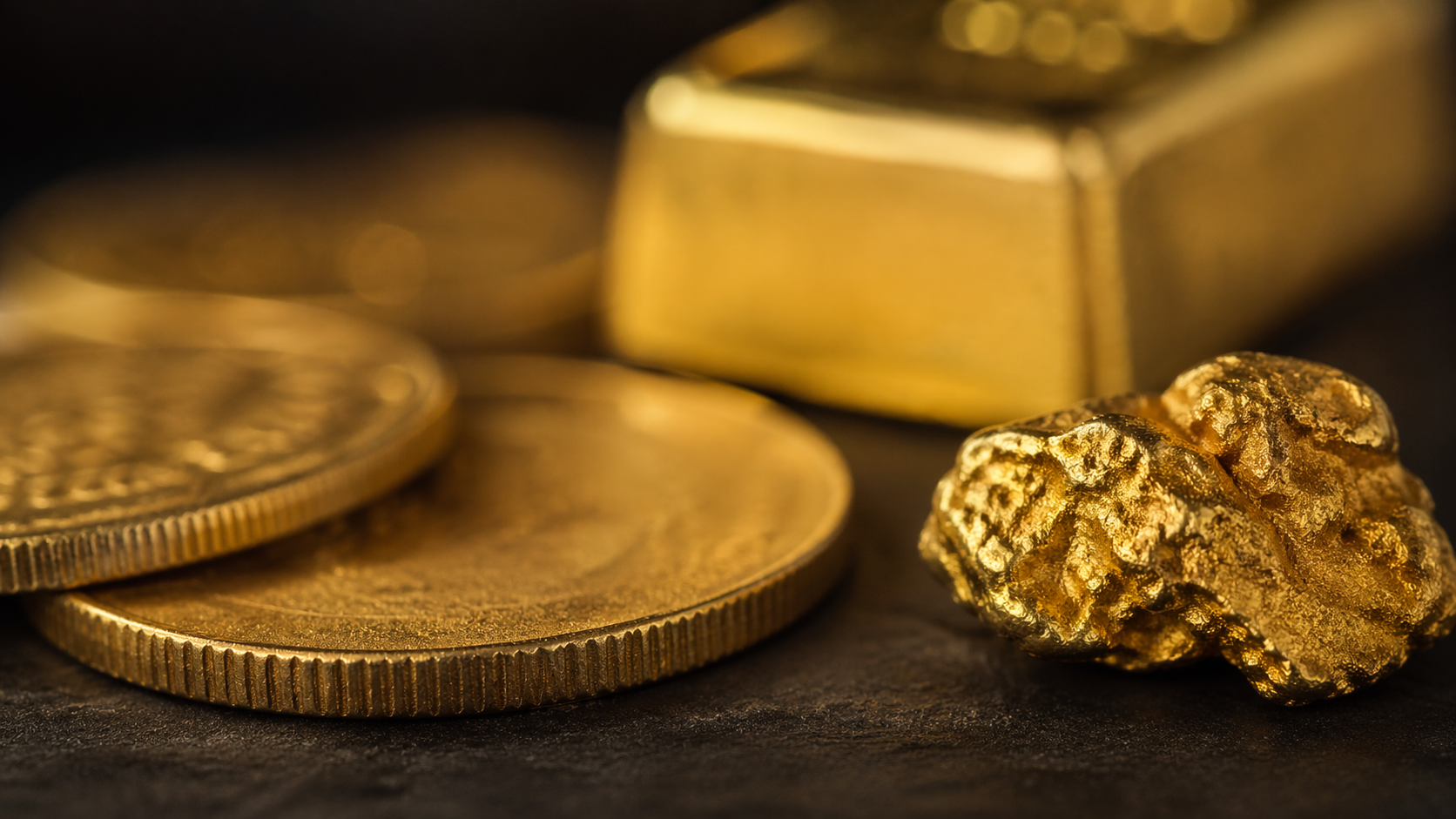 The image features a collection of gold bullion, coins, and a gold nugget, prominently displayed against a dark background. The composition highlights the value and allure of precious metals.