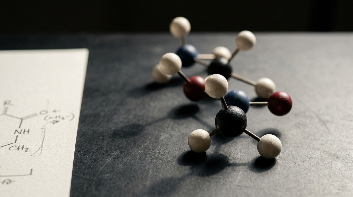 The image features a detailed macro still life of a small ball-and-stick molecular model, composed of colored wooden spheres connected by thin metal rods. The model is positioned on a matte graphite surface, with a printed hand-drawn structural diagram of a related molecule partially visible at the edge of the frame, hinting at a scientific study.
