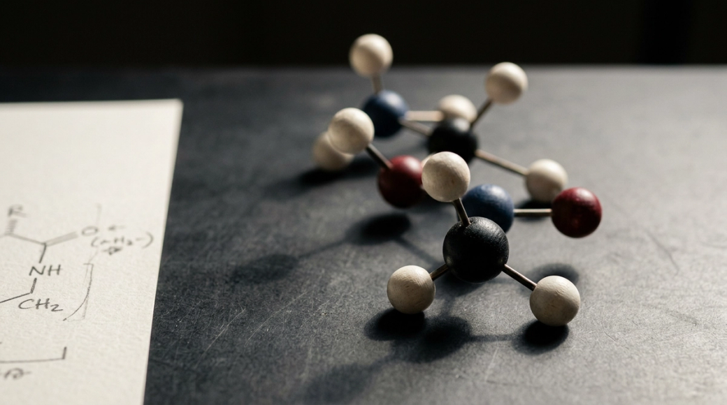 The image features a detailed macro still life of a small ball-and-stick molecular model, composed of colored wooden spheres connected by thin metal rods. The model is positioned on a matte graphite surface, with a printed hand-drawn structural diagram of a related molecule partially visible at the edge of the frame, hinting at a scientific study.