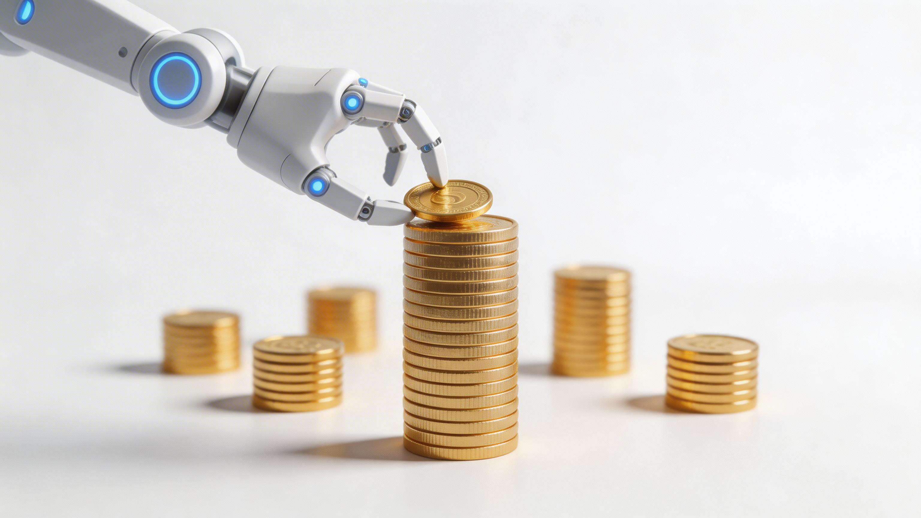 The image depicts a robotic arm reaching for a gold coin, which is about to be placed on a stack of gold coins. The background is minimalistic, highlighting the futuristic interaction between technology and currency.