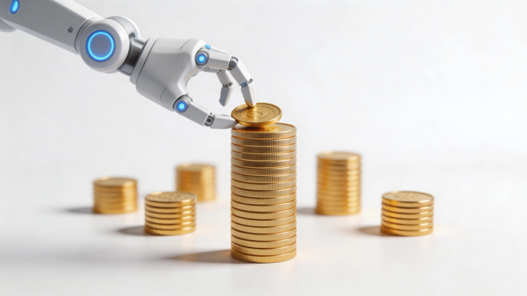 The image depicts a robotic arm reaching for a gold coin, which is about to be placed on a stack of gold coins. The background is minimalistic, highlighting the futuristic interaction between technology and currency.