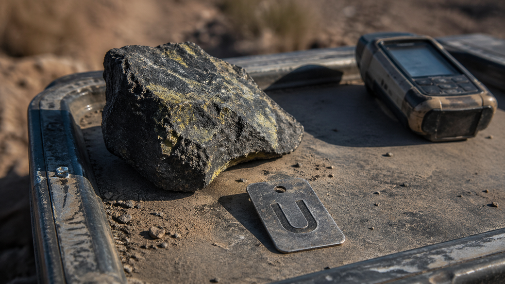 The image depicts a rough, black rock with yellowish streaks resting on a dusty surface, accompanied by a metal tag featuring the letter 'U', representing Uranium, and a rugged electronic device, all set in a rugged outdoor environment. The scene suggests a geological or exploratory context.