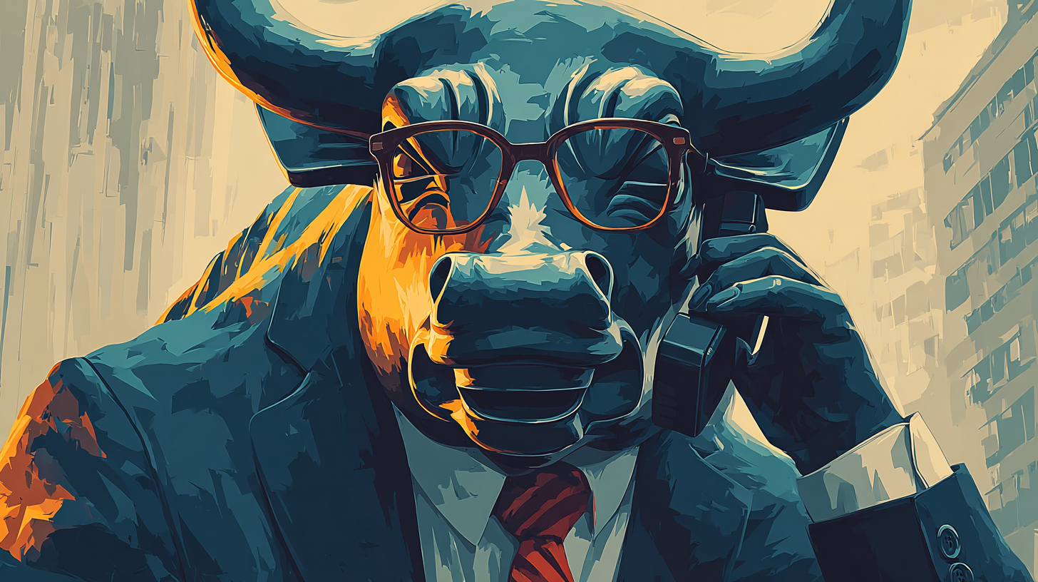 The image features a stylized bull statue wearing glasses and a suit, appearing to engage in a phone conversation. The backdrop includes abstract representations of tall buildings, emphasizing a financial or trading environment.