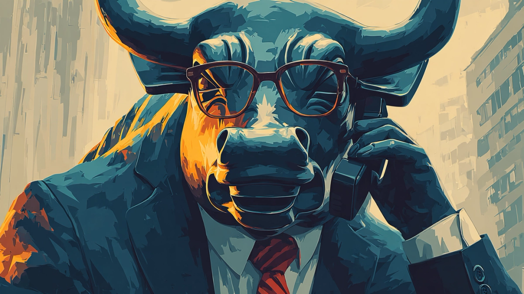 The image features a stylized bull statue wearing glasses and a suit, appearing to engage in a phone conversation. The backdrop includes abstract representations of tall buildings, emphasizing a financial or trading environment.