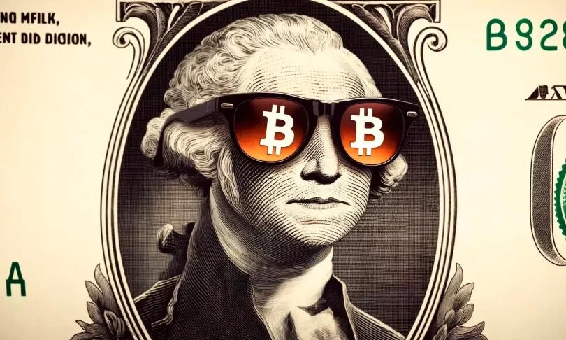 The image features a stylized portrait of George Washington, with sunglasses reflecting the Bitcoin logo. The background is a close-up of a one-dollar bill, emphasizing the juxtaposition of traditional currency and cryptocurrency.