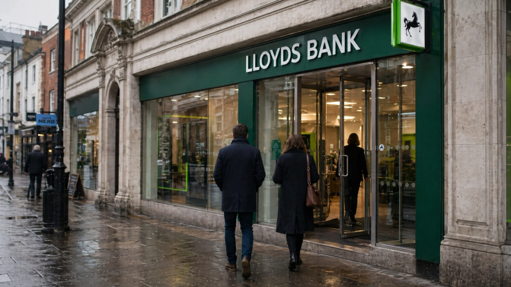 The image captures a couple walking towards the entrance of Lloyds Bank on a rainy day, showcasing the bank's modern facade. The scene includes reflections on the wet pavement, adding a dynamic element to the urban setting.