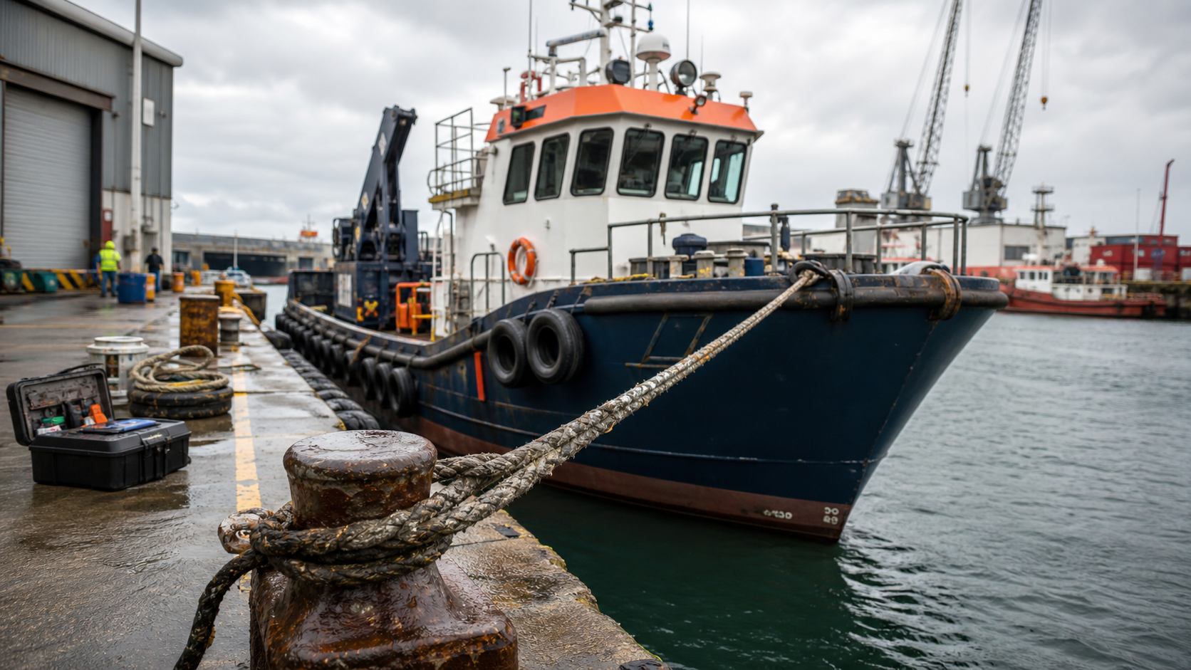 The image depicts a moored tugboat at a bustling harbor, with cranes and other vessels visible in the background. The mooring area features a thick rope secured to the dock, emphasizing the logistical aspect of maritime operations.