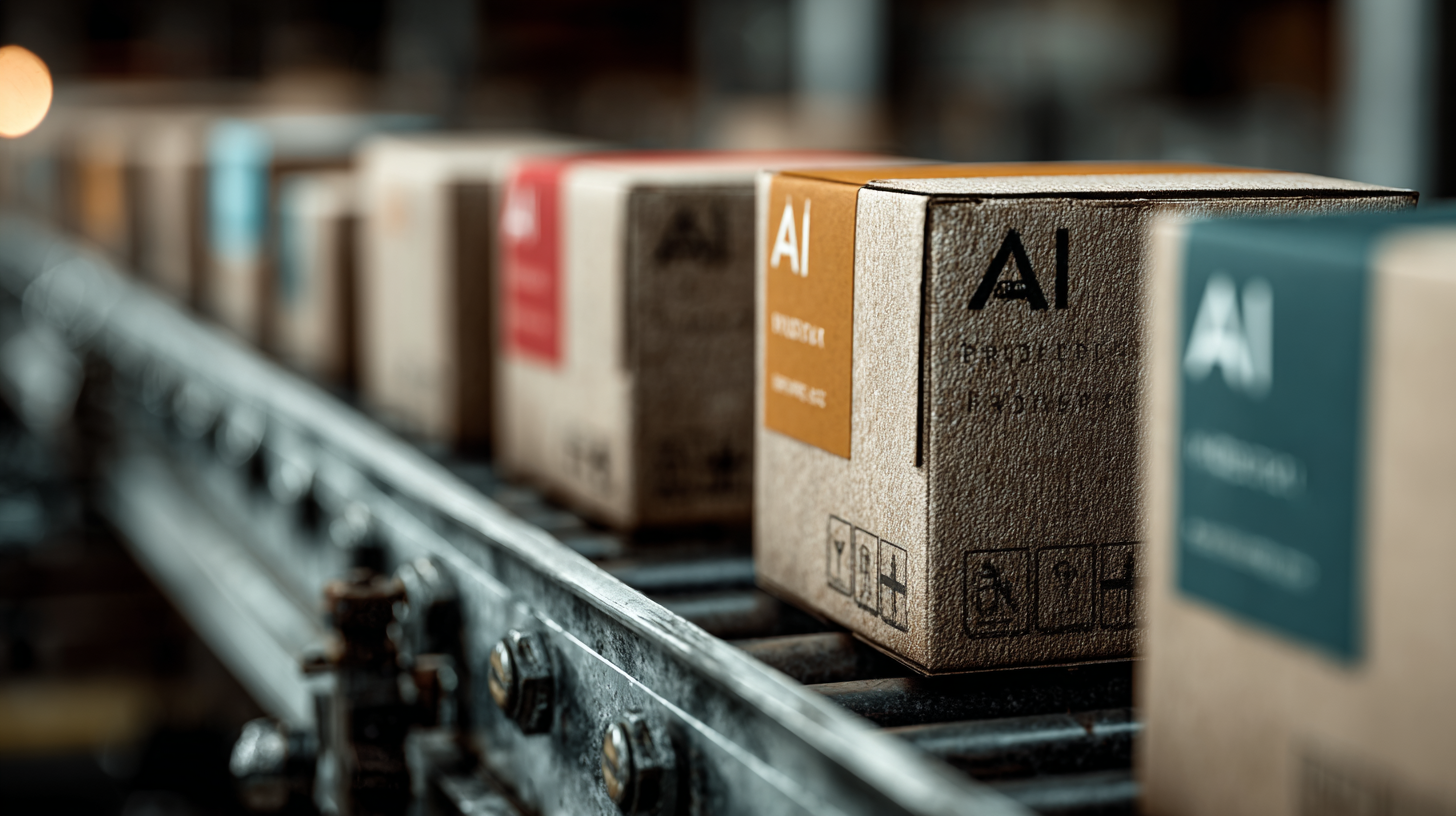 The image shows a close-up view of various packaged products moving along a conveyor belt in a warehouse setting. Each box prominently displays the letters 'AI' along with distinct color-coded labels indicating different contents.