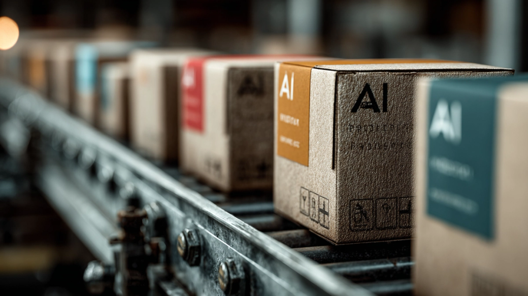 The image shows a close-up view of various packaged products moving along a conveyor belt in a warehouse setting. Each box prominently displays the letters 'AI' along with distinct color-coded labels indicating different contents.