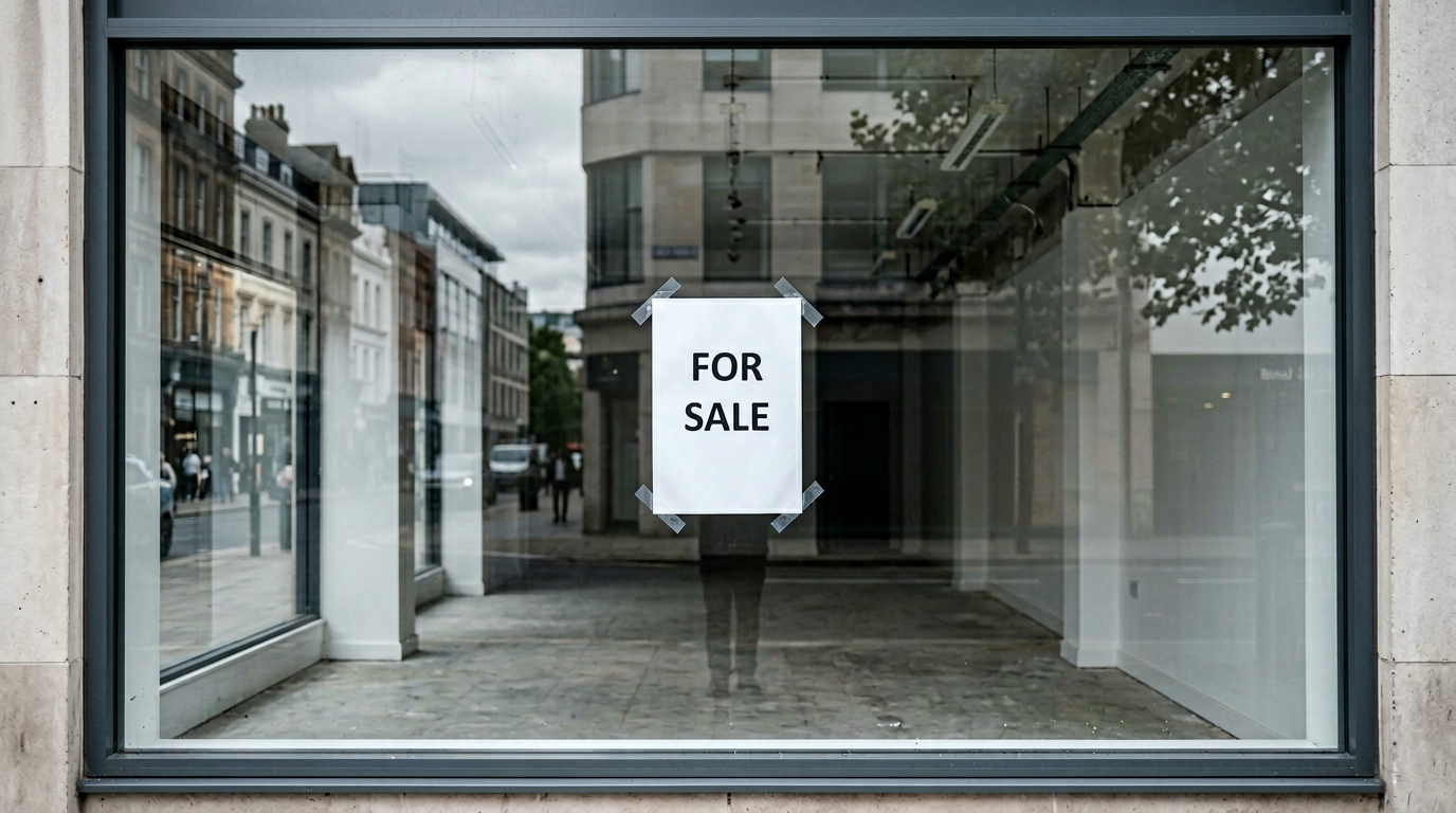 The image depicts a large empty shop window with a blank white interior, featuring a prominently displayed A4 sheet of paper that reads 'FOR SALE.' The window reflects the surrounding street scene, including buildings, trees, and the sky, creating a visual interplay between the sign and its environment. The interior is stripped bare, signifying vacancy and opportunity.