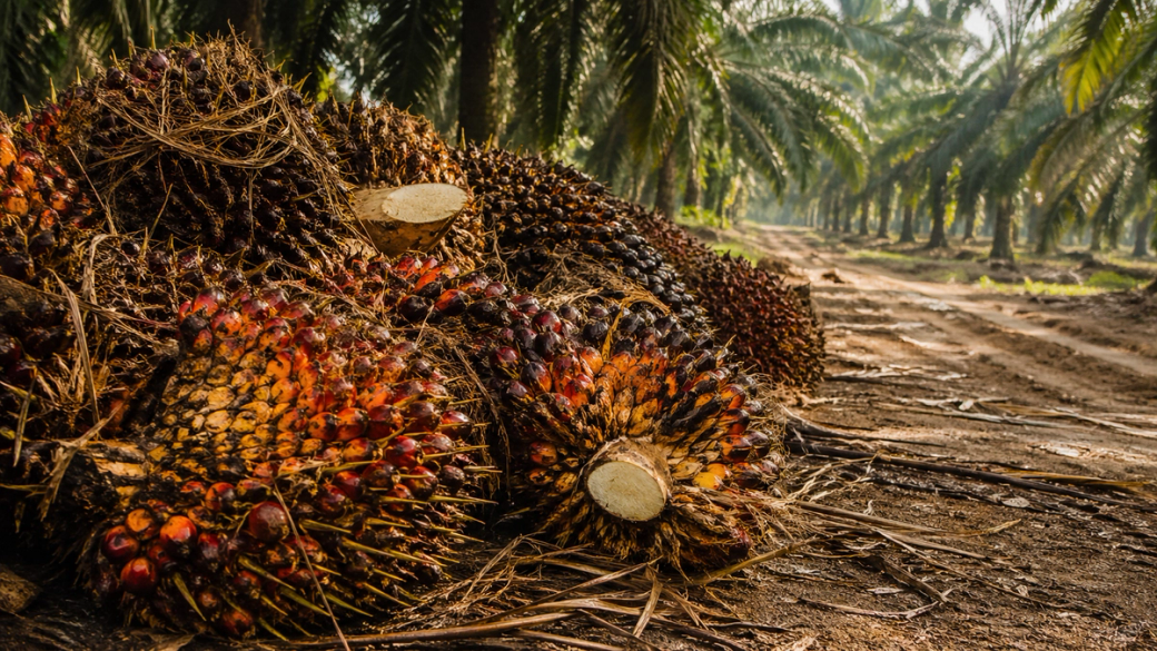 The image depicts a collection of harvested oil palm fruit lying on the ground in a plantation, surrounded by palm trees. A dirt path leads through the plantation, indicating a working agricultural environment.